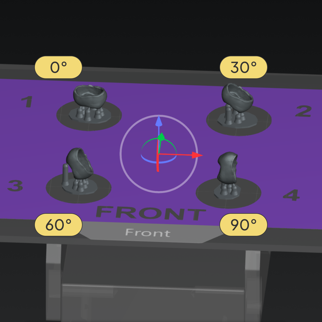 Dental crown orientation comparison showing how build angle changes projected print area, support contacts, raft size, and print reliability.